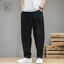 Calça Masculina em Algodão e Linho | Modelagem Ampla com Cintura Elástica | Estilo Tradicional Chinês para Meia-Estação