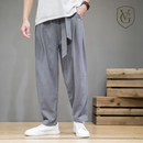 Calça Masculina em Algodão e Linho | Modelagem Ampla com Cintura Elástica | Estilo Tradicional Chinês para Meia-Estação