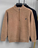 Pulôver Masculino de Inverno com Zíper Frontal — Malha Espessa, Bordado Fino e Acabamento Premium