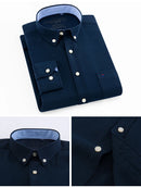 Camisa Masculina Manga Longa | Estilo Casual Elegante | Xadrez Listrado, Tecido Oxford, Bolso Frontal – Algodão com Poliéster