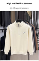 Pulôver Masculino de Inverno com Zíper Frontal — Malha Espessa, Bordado Fino e Acabamento Premium