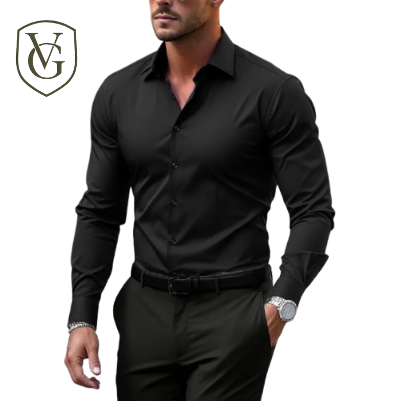 Camisa Masculina Branca Casual – Manga Longa, Tecido Elástico e Linha Essencial em Design Sólido