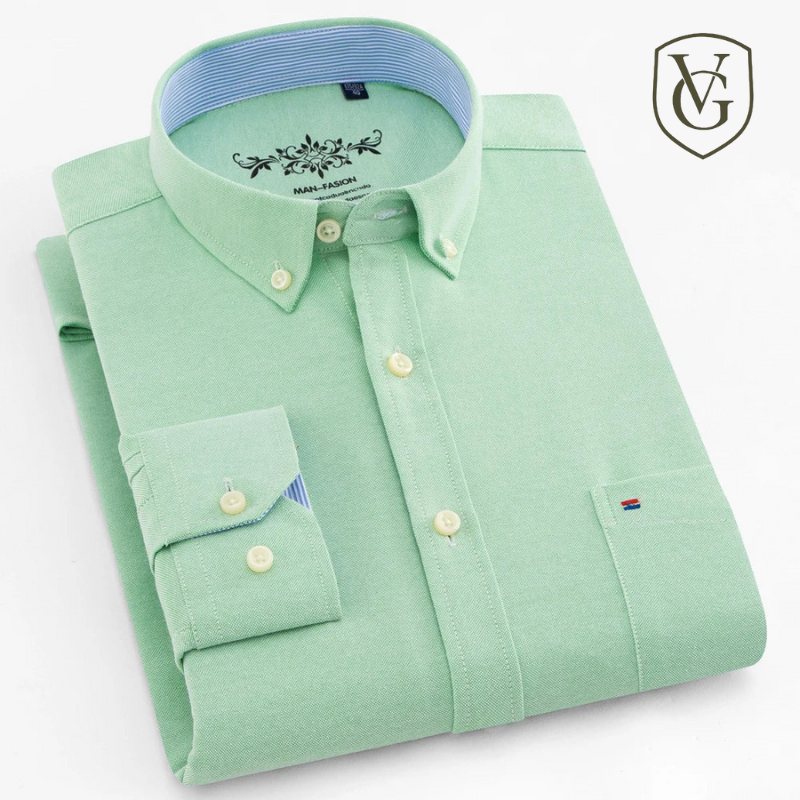 Camisa Masculina Manga Longa | Estilo Casual Elegante | Xadrez Listrado, Tecido Oxford, Bolso Frontal – Algodão com Poliéster