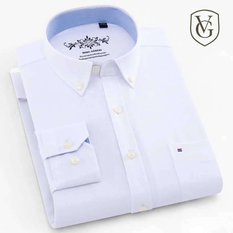 Camisa Masculina Manga Longa | Estilo Casual Elegante | Xadrez Listrado, Tecido Oxford, Bolso Frontal – Algodão com Poliéster