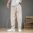 Calça Masculina em Algodão e Linho | Modelagem Ampla com Cintura Elástica | Estilo Tradicional Chinês para Meia-Estação