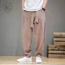 Calça Masculina em Algodão e Linho | Modelagem Ampla com Cintura Elástica | Estilo Tradicional Chinês para Meia-Estação