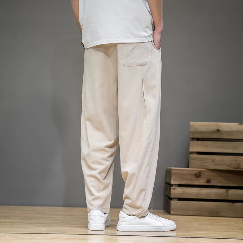 Calça Masculina em Algodão e Linho | Modelagem Ampla com Cintura Elástica | Estilo Tradicional Chinês para Meia-Estação