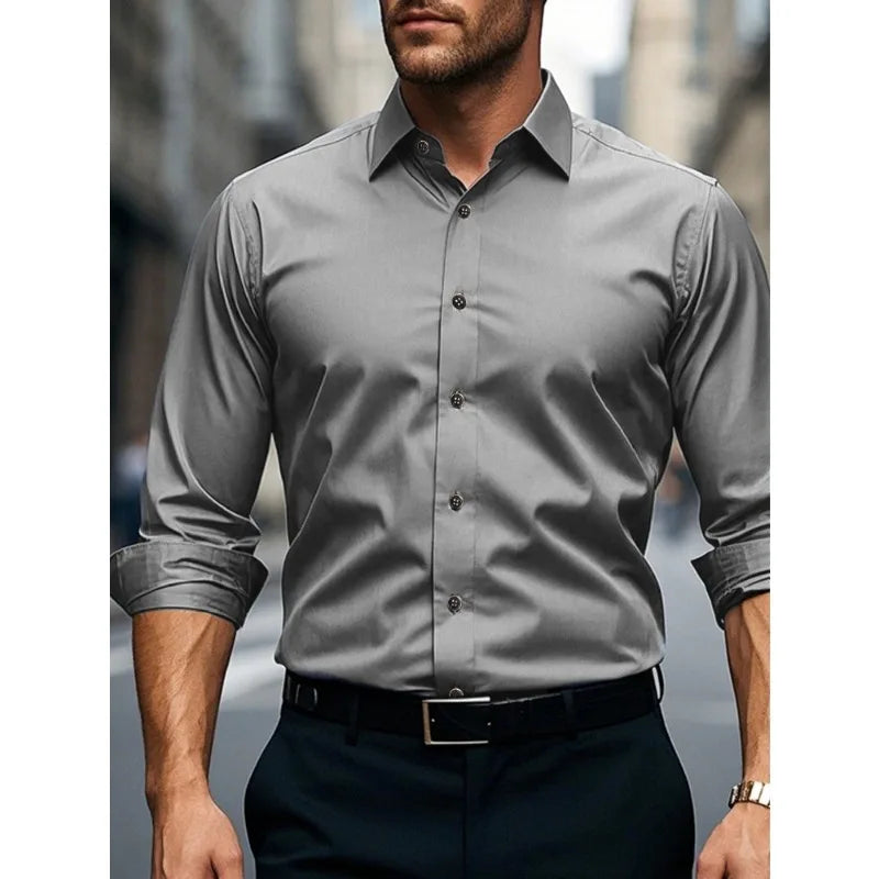 Camisa Masculina Branca Casual – Manga Longa, Tecido Elástico e Linha Essencial em Design Sólido