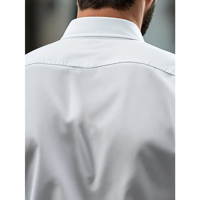 Camisa Masculina Branca Casual – Manga Longa, Tecido Elástico e Linha Essencial em Design Sólido