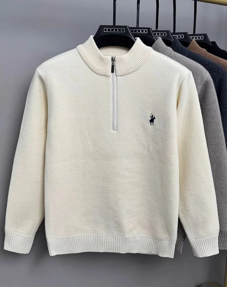 Pulôver Masculino de Inverno com Zíper Frontal — Malha Espessa, Bordado Fino e Acabamento Premium