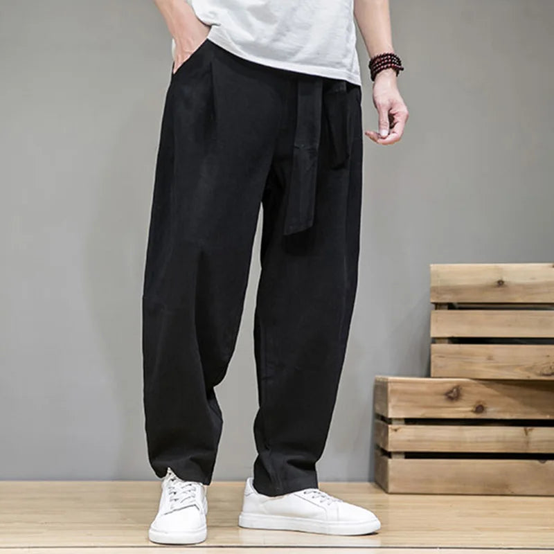 Calça Masculina em Algodão e Linho | Modelagem Ampla com Cintura Elástica | Estilo Tradicional Chinês para Meia-Estação
