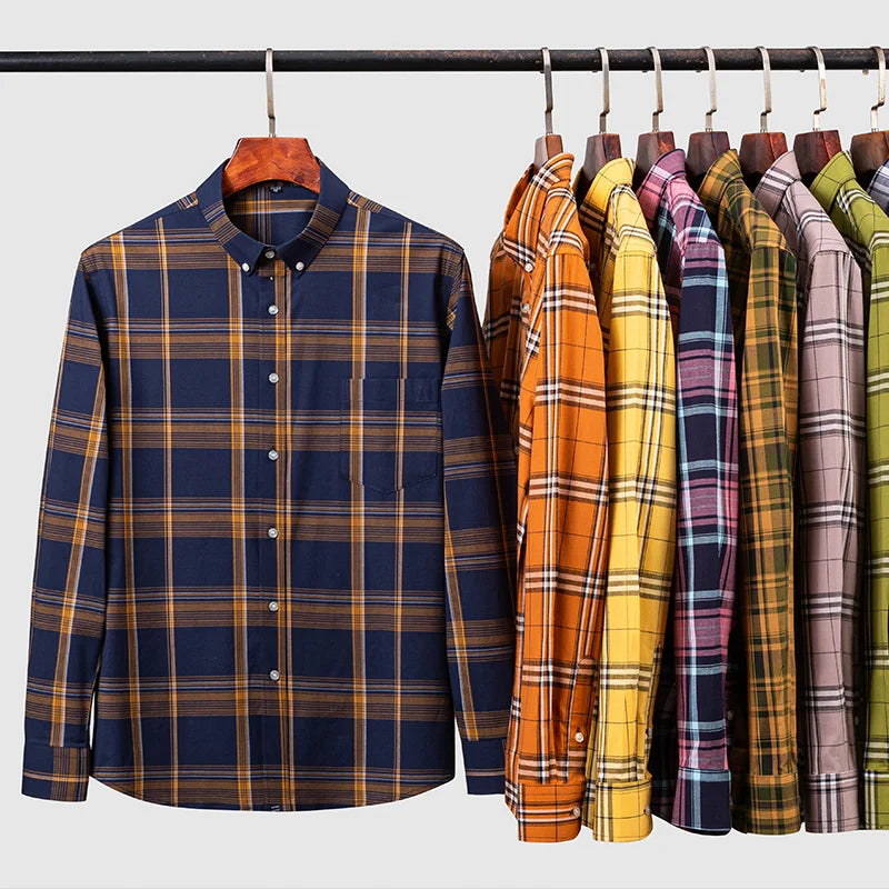 Camisa Masculina Slim Fit em Algodão | Manga Longa, Padrão Xadrez – Estilo Casual com Influência Vintage