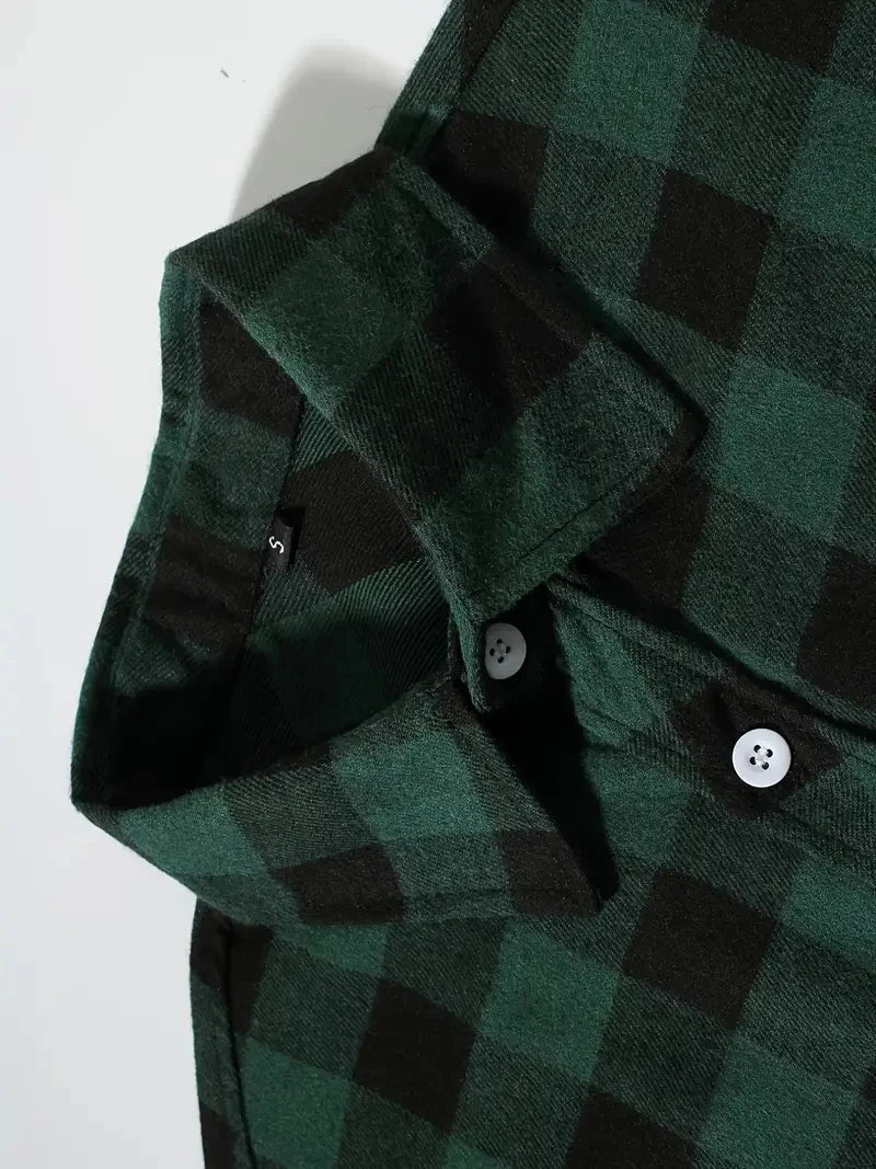 Camisa Masculina de Algodão Escovado | Manga Longa, Xadrez Vermelho – Estilo Casual e Executivo para Primavera e Outono