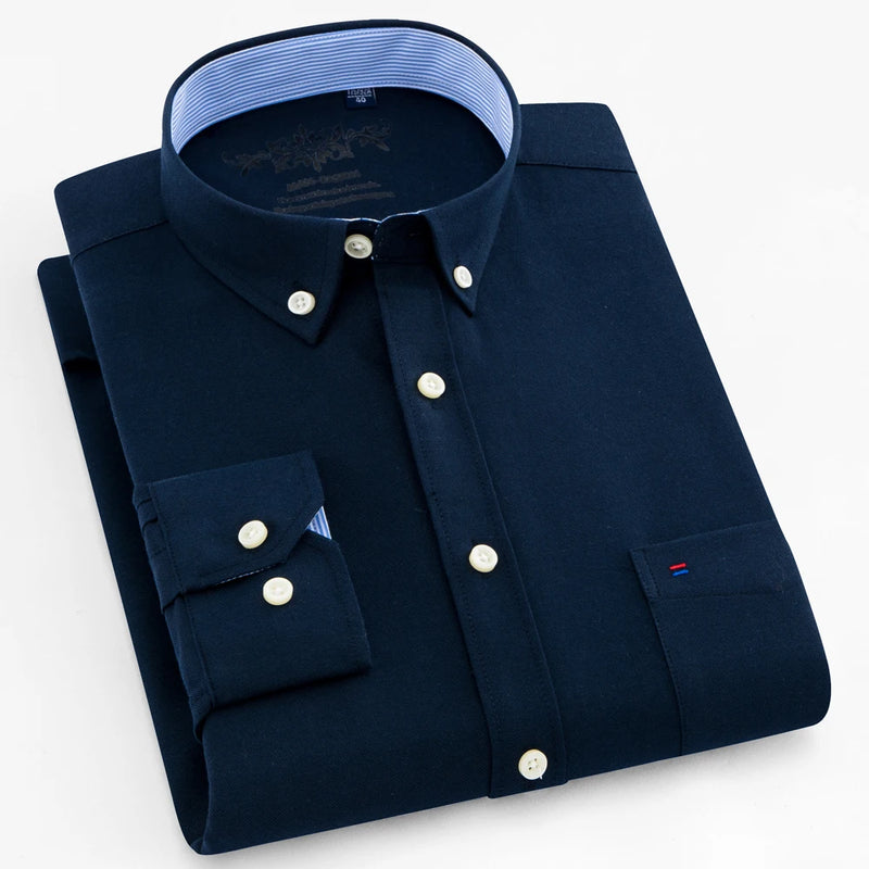 Camisa Masculina Manga Longa | Estilo Casual Elegante | Xadrez Listrado, Tecido Oxford, Bolso Frontal – Algodão com Poliéster
