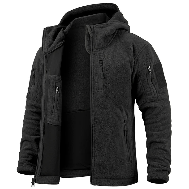 Casaco Masculino Tático com Fleece Interno | Capuz, Abertura Total, Multibolsos – Performance Térmica para Climas Frios