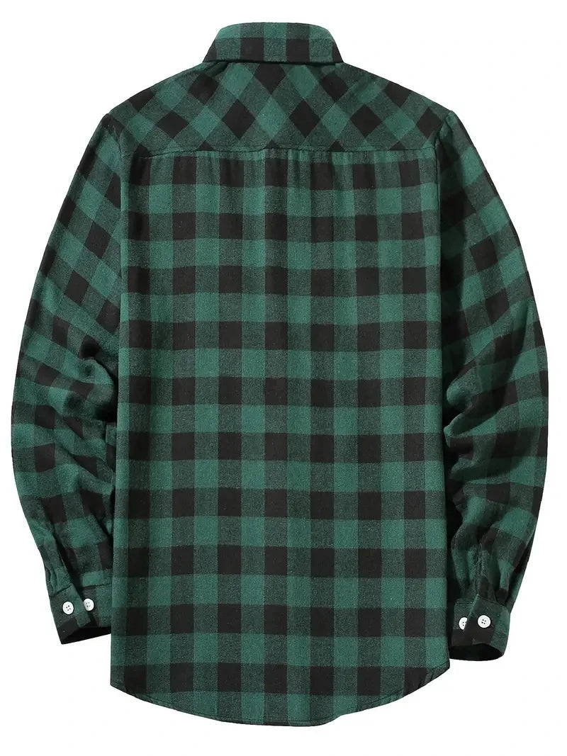 Camisa Masculina de Algodão Escovado | Manga Longa, Xadrez Vermelho – Estilo Casual e Executivo para Primavera e Outono