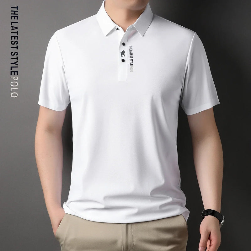 Polo Masculina em Seda Gelada com Bordado Fino — Lapela Estruturada, Elasticidade Confortável e Design Contemporâneo