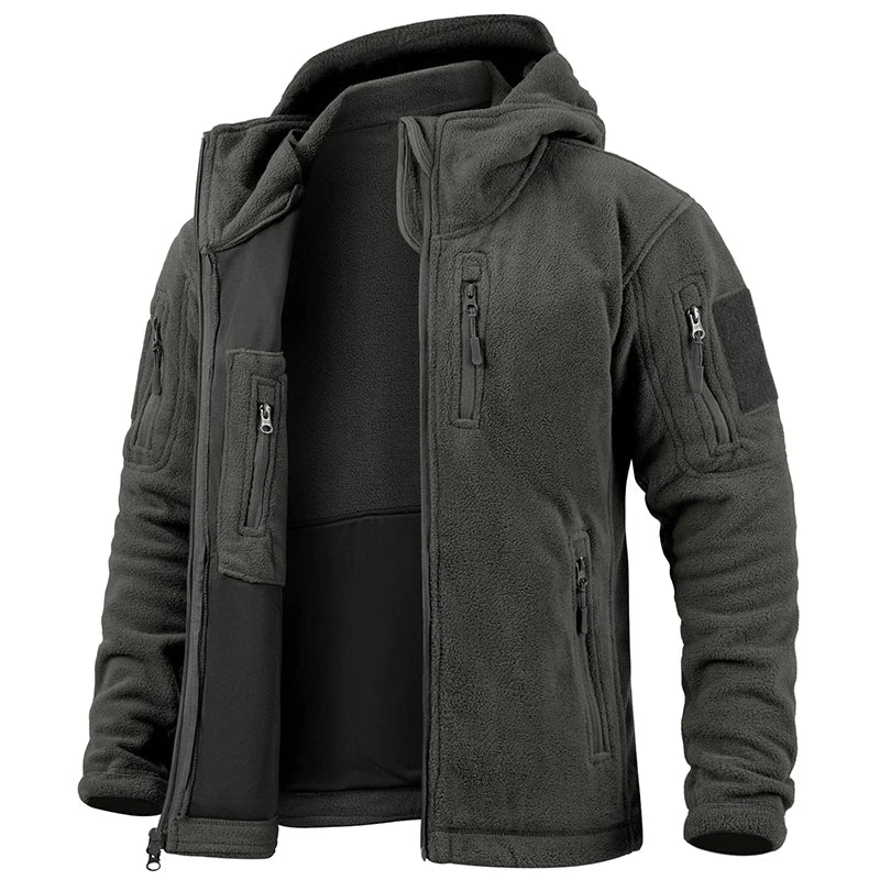 Casaco Masculino Tático com Fleece Interno | Capuz, Abertura Total, Multibolsos – Performance Térmica para Climas Frios