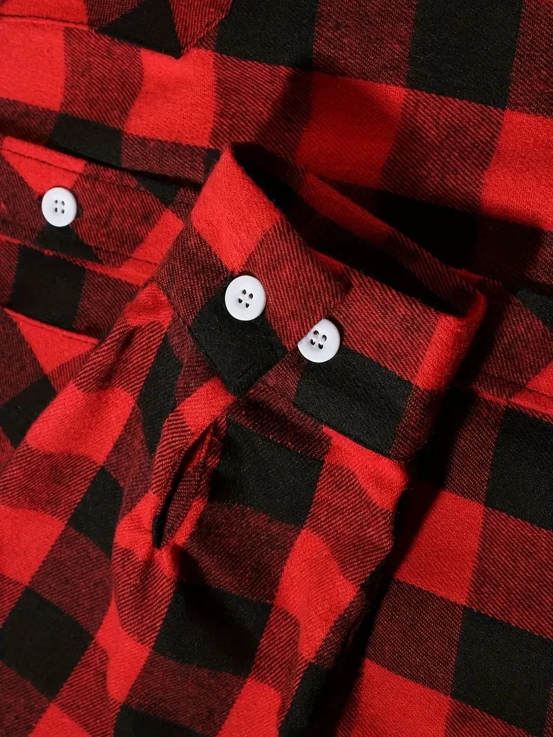 Camisa Masculina de Algodão Escovado | Manga Longa, Xadrez Vermelho – Estilo Casual e Executivo para Primavera e Outono