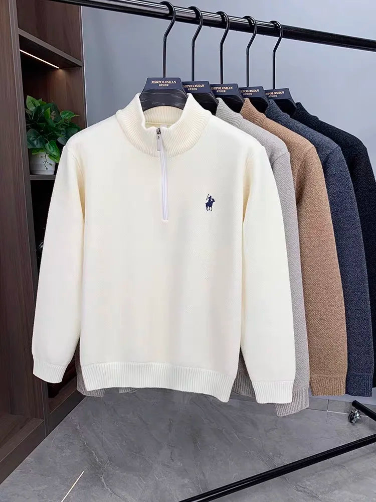 Pulôver Masculino de Inverno com Zíper Frontal — Malha Espessa, Bordado Fino e Acabamento Premium