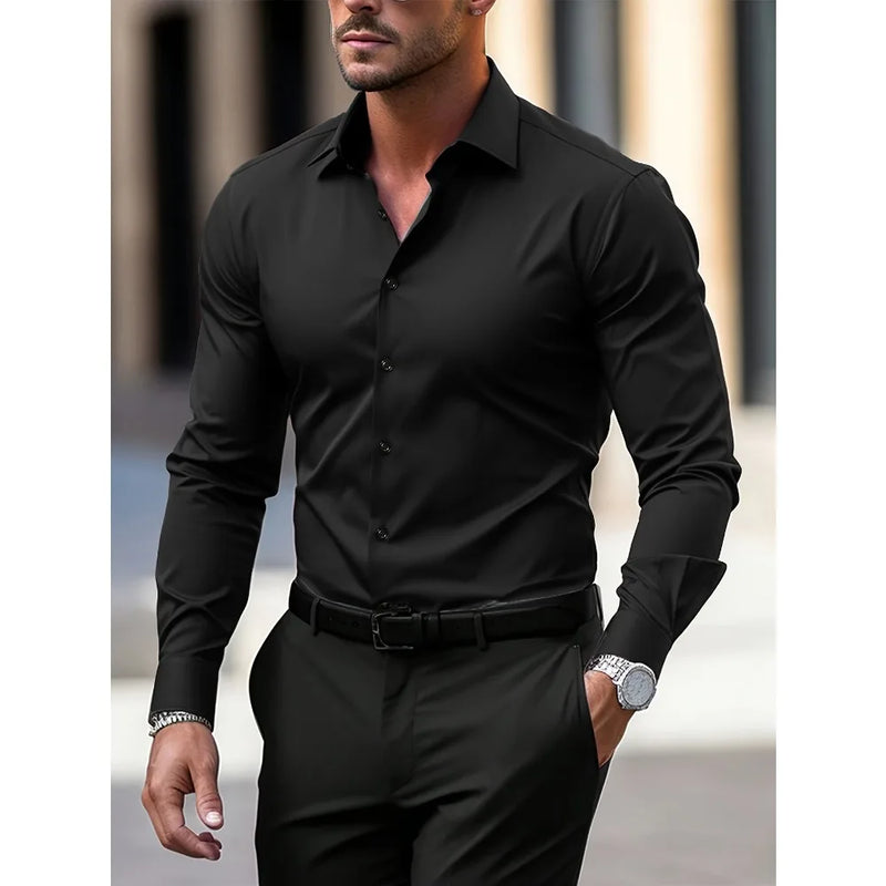 Camisa Masculina Branca Casual – Manga Longa, Tecido Elástico e Linha Essencial em Design Sólido