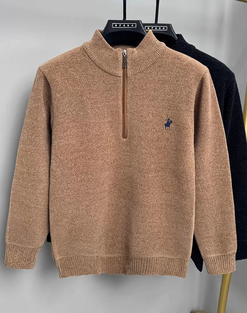 Pulôver Masculino de Inverno com Zíper Frontal — Malha Espessa, Bordado Fino e Acabamento Premium