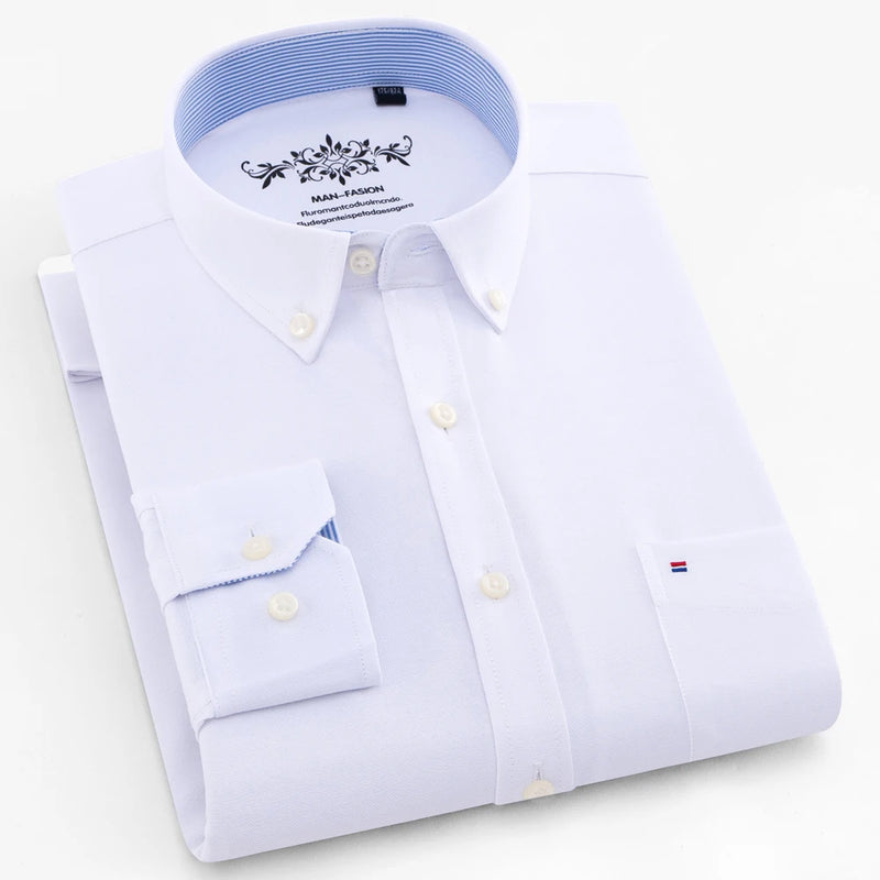 Camisa Masculina Manga Longa | Estilo Casual Elegante | Xadrez Listrado, Tecido Oxford, Bolso Frontal – Algodão com Poliéster
