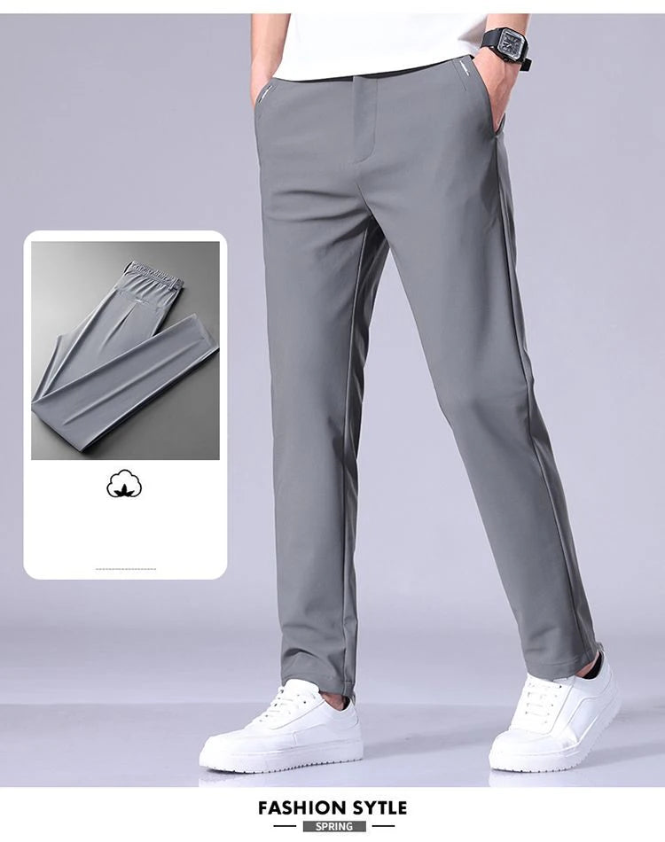 Calça Masculina Slim Fit em Seda Gelada — Ultra Leve, Secagem Rápida e Corte Reto para Verão
