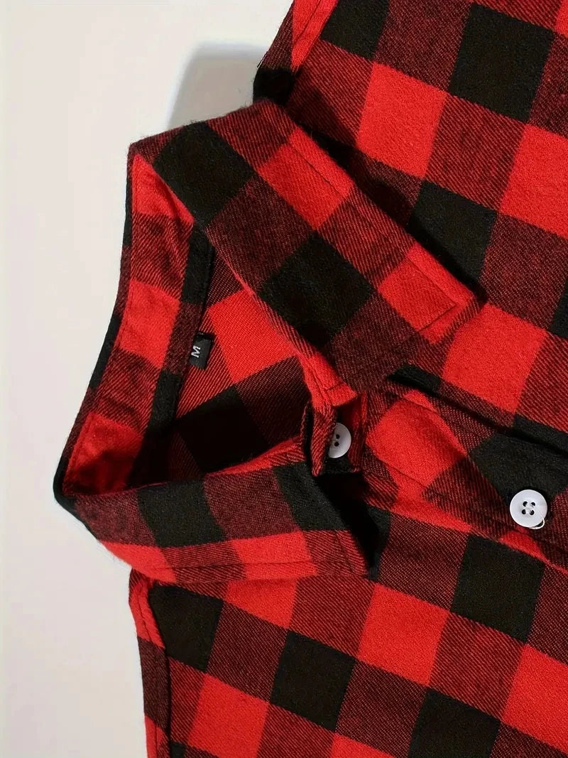 Camisa Masculina de Algodão Escovado | Manga Longa, Xadrez Vermelho – Estilo Casual e Executivo para Primavera e Outono