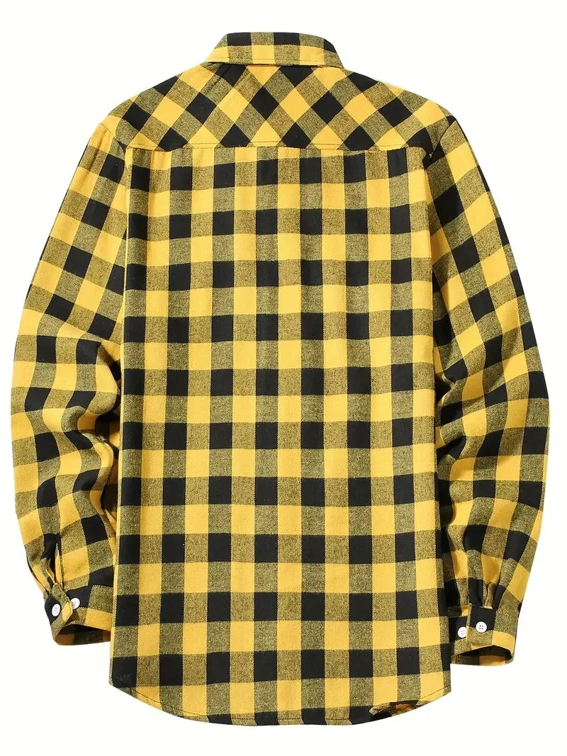 Camisa Masculina de Algodão Escovado | Manga Longa, Xadrez Vermelho – Estilo Casual e Executivo para Primavera e Outono