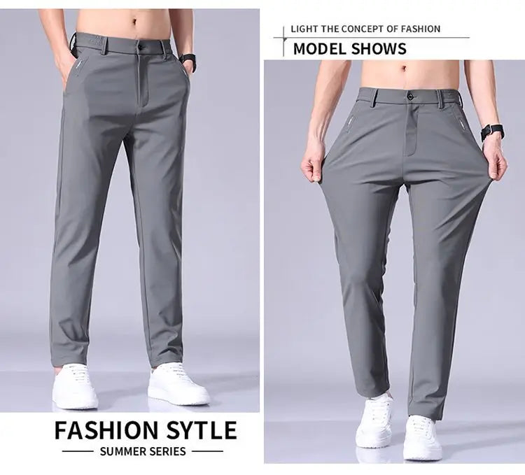 Calça Masculina Slim Fit em Seda Gelada — Ultra Leve, Secagem Rápida e Corte Reto para Verão