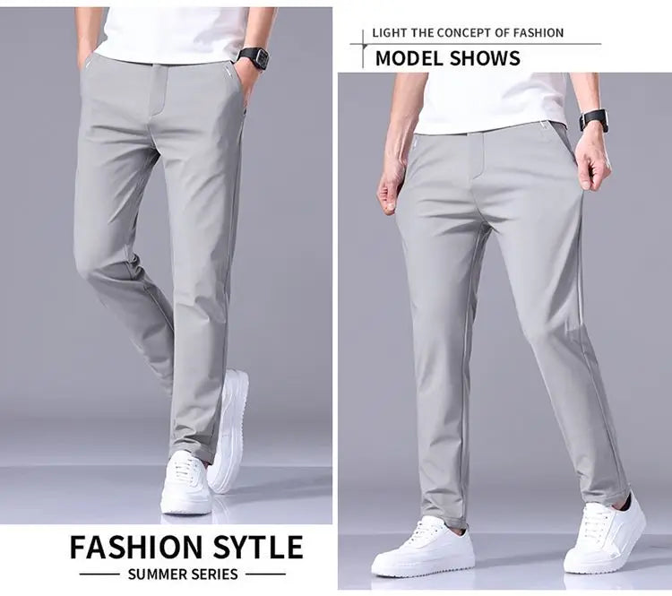 Calça Masculina Slim Fit em Seda Gelada — Ultra Leve, Secagem Rápida e Corte Reto para Verão