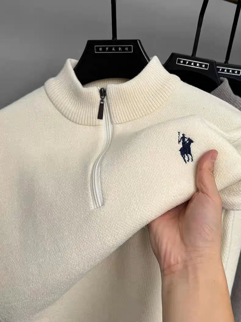 Pulôver Masculino de Inverno com Zíper Frontal — Malha Espessa, Bordado Fino e Acabamento Premium