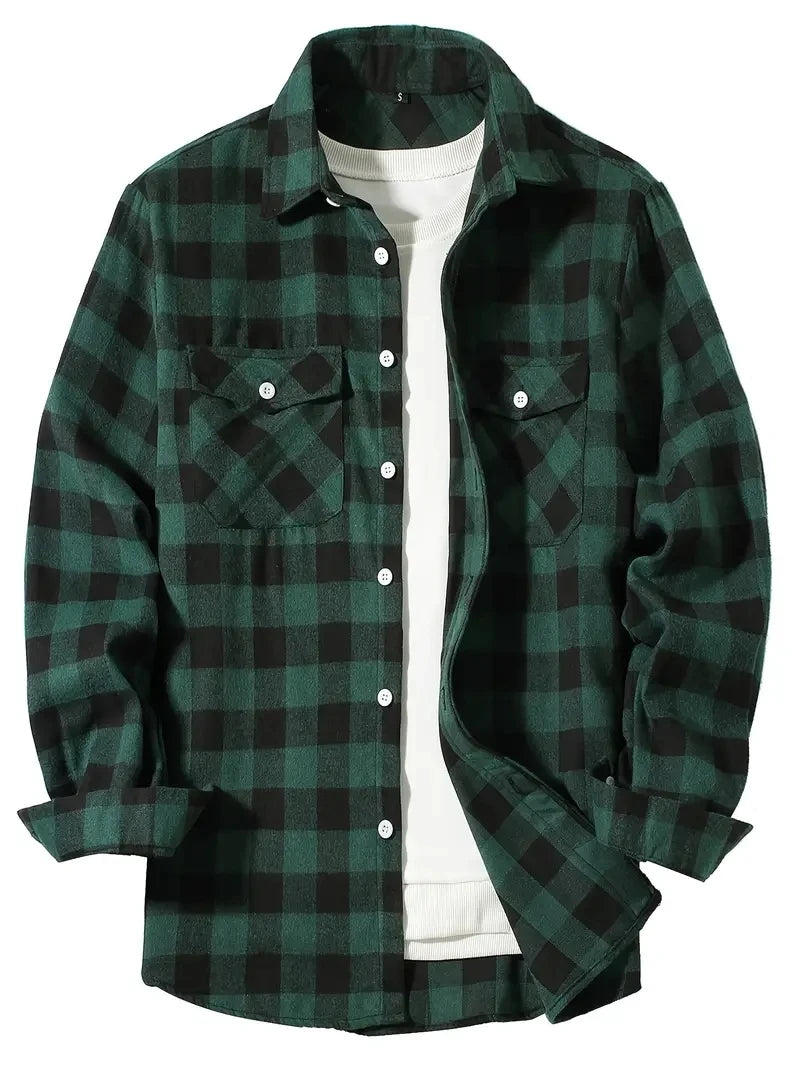 Camisa Masculina de Algodão Escovado | Manga Longa, Xadrez Vermelho – Estilo Casual e Executivo para Primavera e Outono