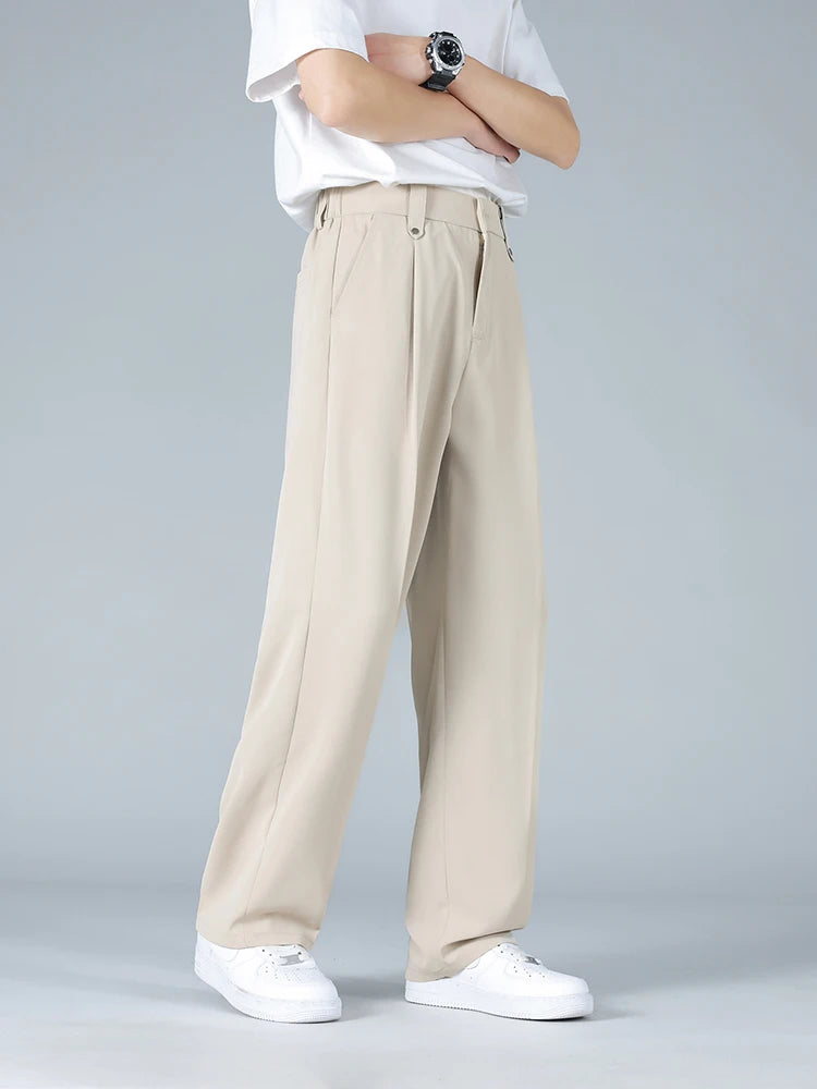 Calça Masculina Business Casual 8XL — Corte Reto em Poliéster Leve, Modelagem Solta e Cós Elástico