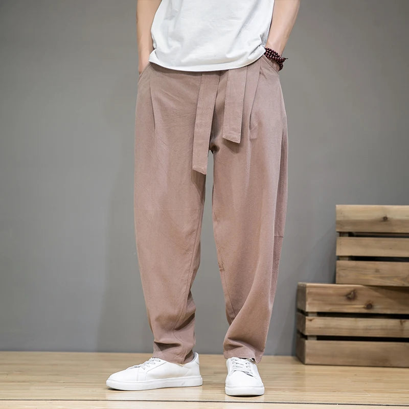 Calça Masculina em Algodão e Linho | Modelagem Ampla com Cintura Elástica | Estilo Tradicional Chinês para Meia-Estação