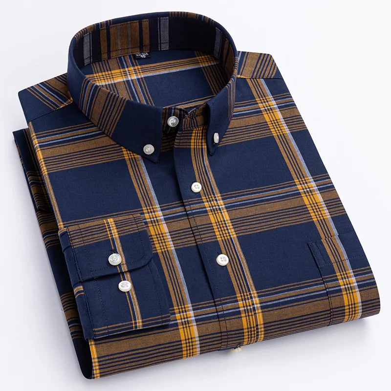 Camisa Masculina Slim Fit em Algodão | Manga Longa, Padrão Xadrez – Estilo Casual com Influência Vintage