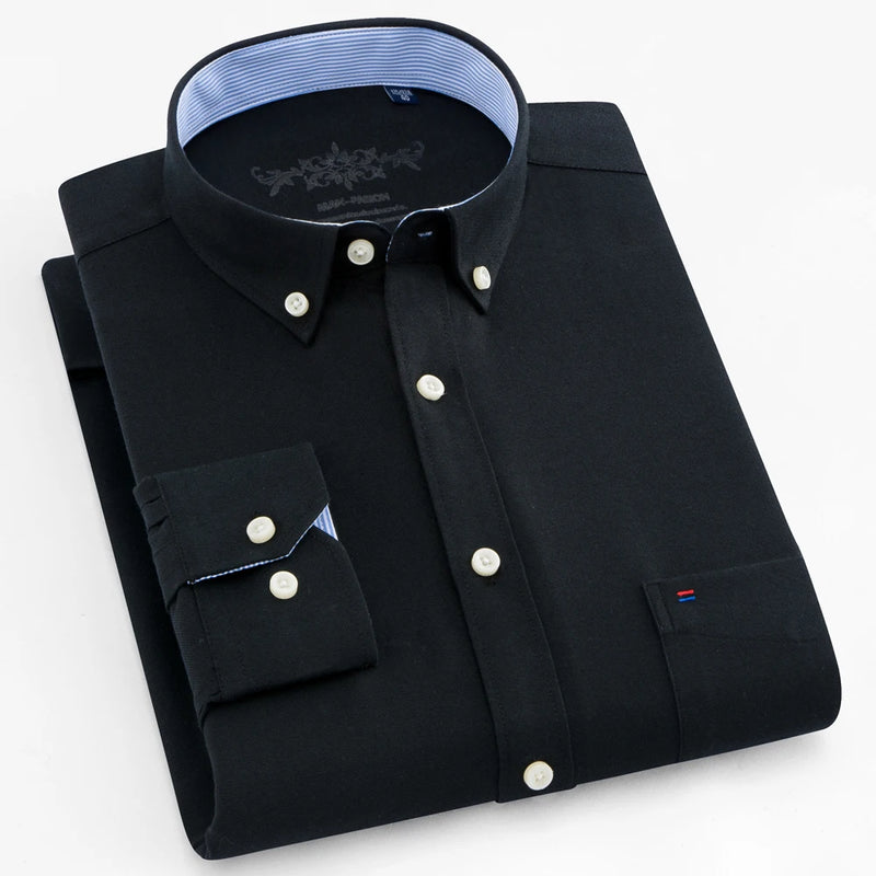 Camisa Masculina Manga Longa | Estilo Casual Elegante | Xadrez Listrado, Tecido Oxford, Bolso Frontal – Algodão com Poliéster