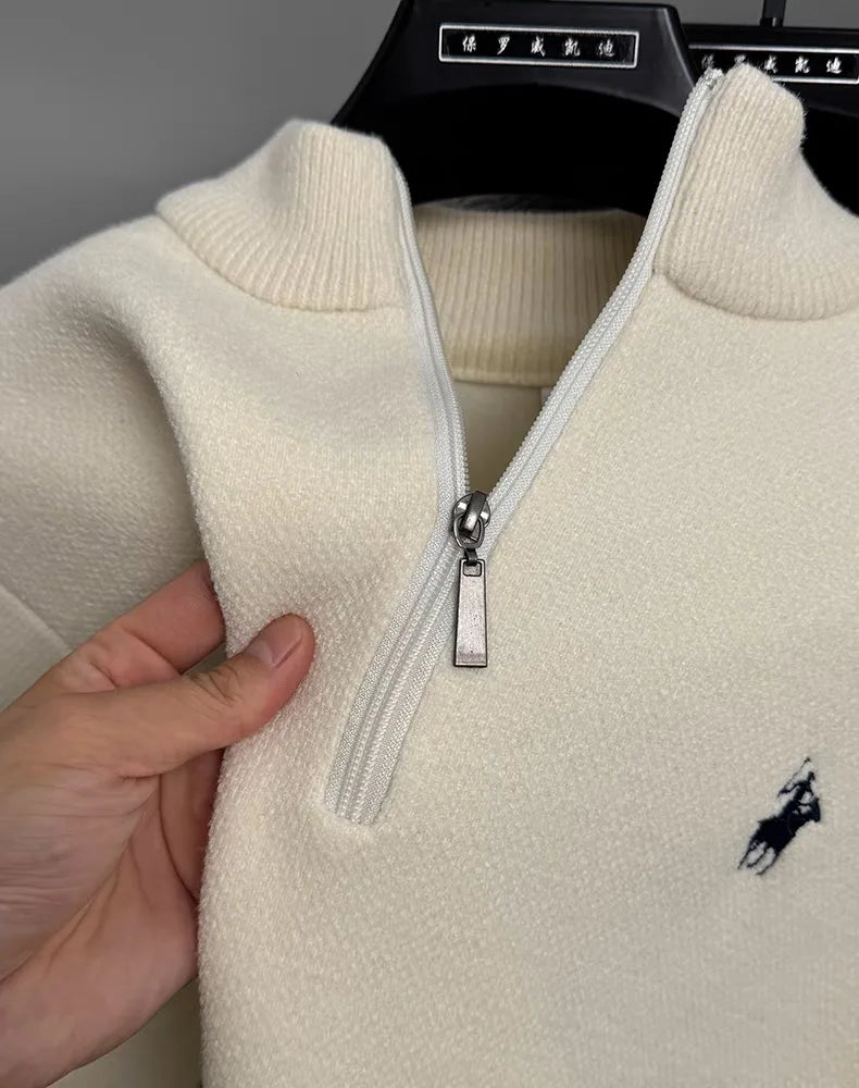 Pulôver Masculino de Inverno com Zíper Frontal — Malha Espessa, Bordado Fino e Acabamento Premium