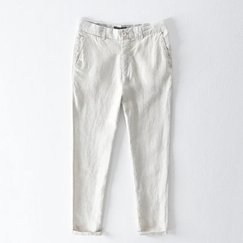 Calça Masculina em Linho Puro | Corte Reto de Cintura Média | Estilo Japonês com Essência Casual e Atemporal
