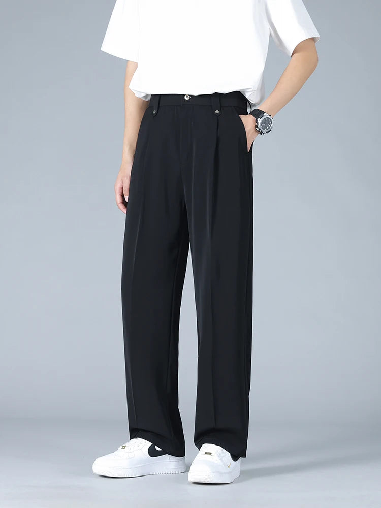 Calça Masculina Business Casual 8XL — Corte Reto em Poliéster Leve, Modelagem Solta e Cós Elástico