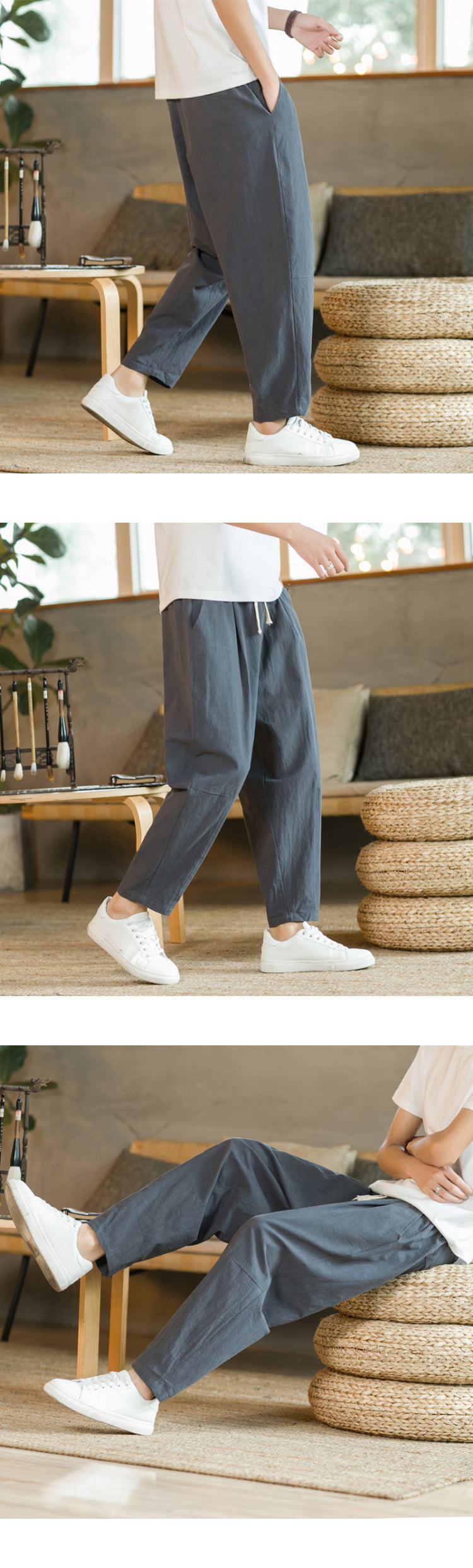 Calça Masculina em Algodão e Linho | Modelagem Reta com Cintura Ajustável | Caimento Solto e Respiração Natural