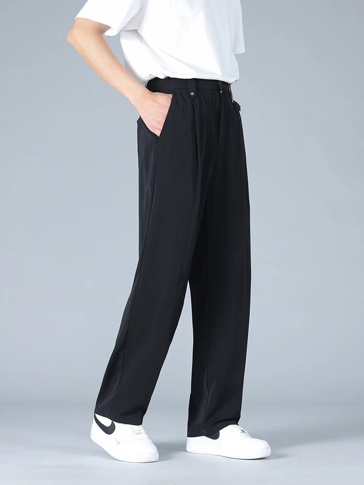 Calça Masculina Business Casual 8XL — Corte Reto em Poliéster Leve, Modelagem Solta e Cós Elástico