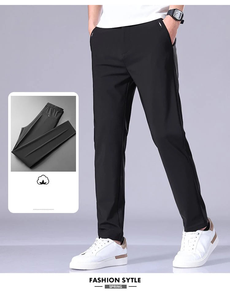 Calça Masculina Slim Fit em Seda Gelada — Ultra Leve, Secagem Rápida e Corte Reto para Verão