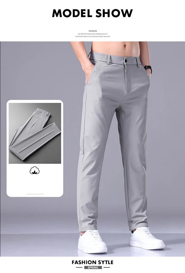 Calça Masculina Slim Fit em Seda Gelada — Ultra Leve, Secagem Rápida e Corte Reto para Verão