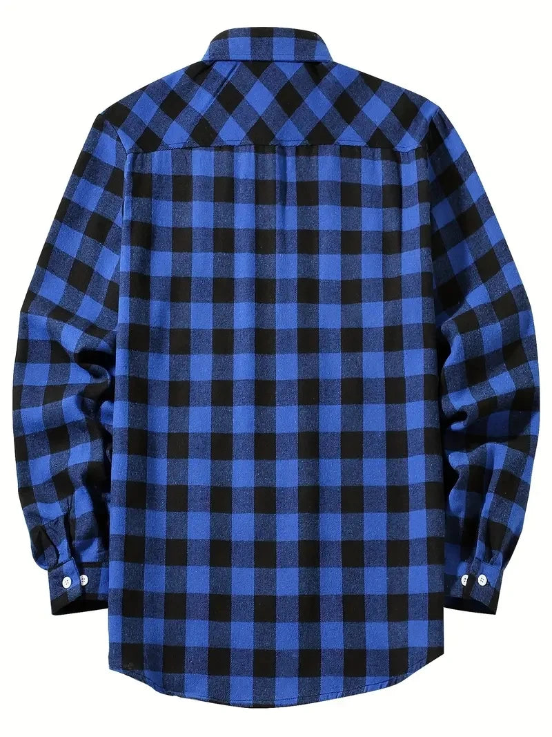 Camisa Masculina de Algodão Escovado | Manga Longa, Xadrez Vermelho – Estilo Casual e Executivo para Primavera e Outono