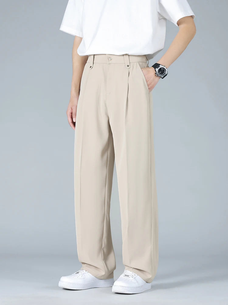 Calça Masculina Business Casual 8XL — Corte Reto em Poliéster Leve, Modelagem Solta e Cós Elástico