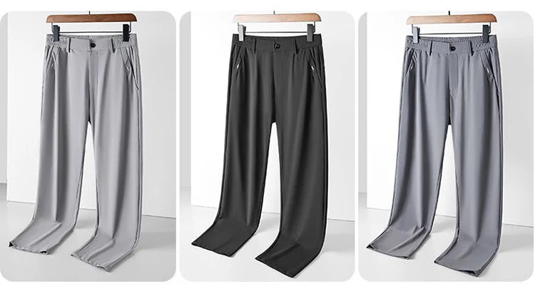 Calça Masculina Slim Fit em Seda Gelada — Ultra Leve, Secagem Rápida e Corte Reto para Verão