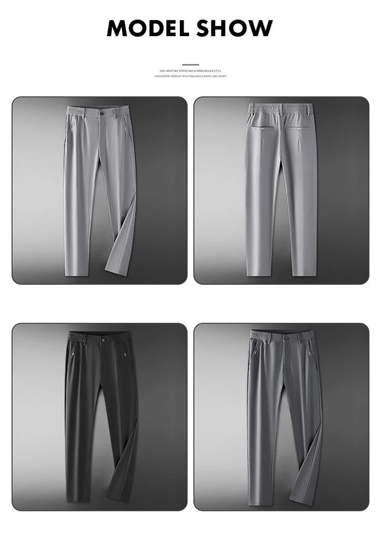 Calça Masculina Slim Fit em Seda Gelada — Ultra Leve, Secagem Rápida e Corte Reto para Verão