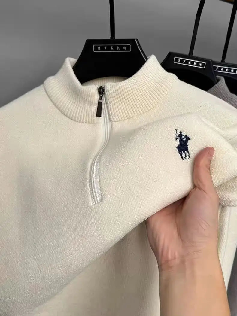 Pulôver Masculino de Inverno com Zíper Frontal — Malha Espessa, Bordado Fino e Acabamento Premium